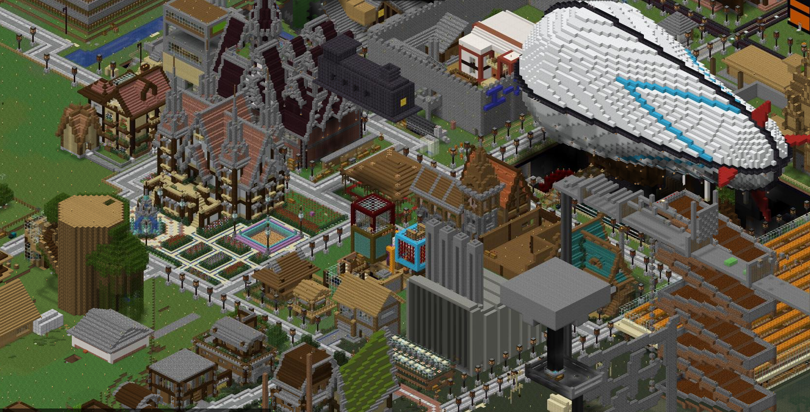 Minecraftで建築された街並みと白い巨大な飛行船