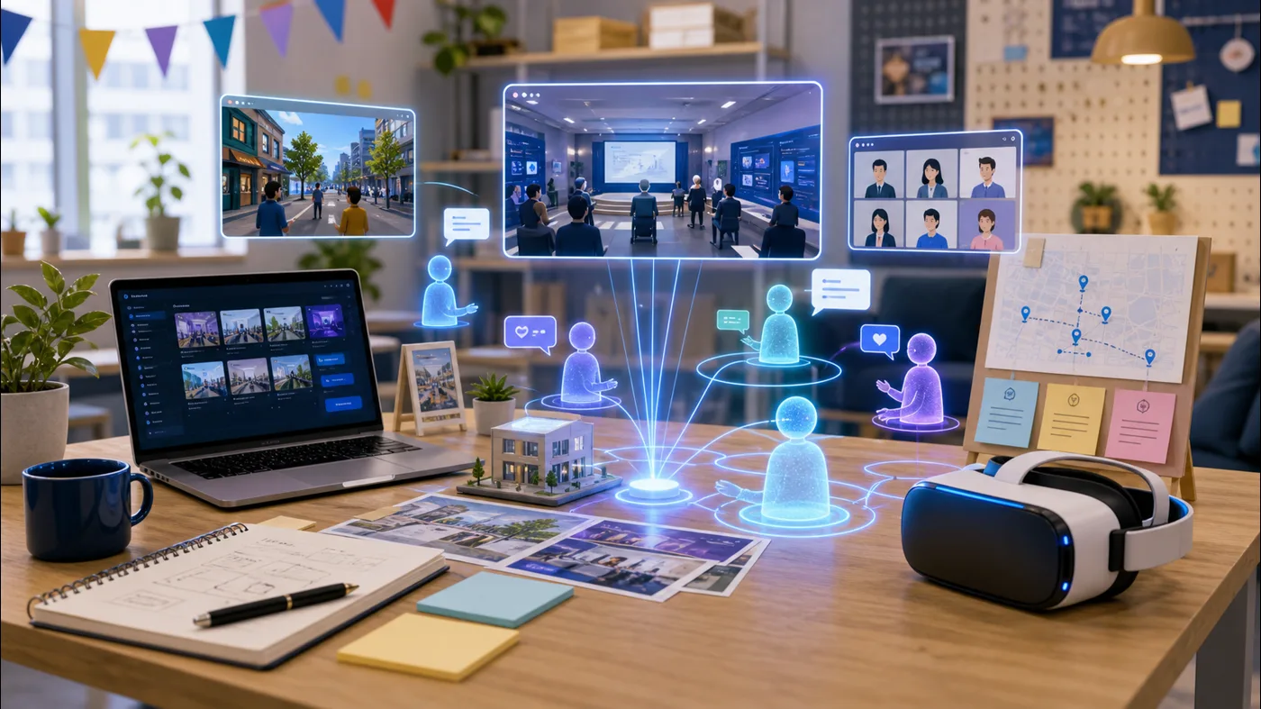 仮想空間でつながる人々とVRヘッドセットを表したイメージ