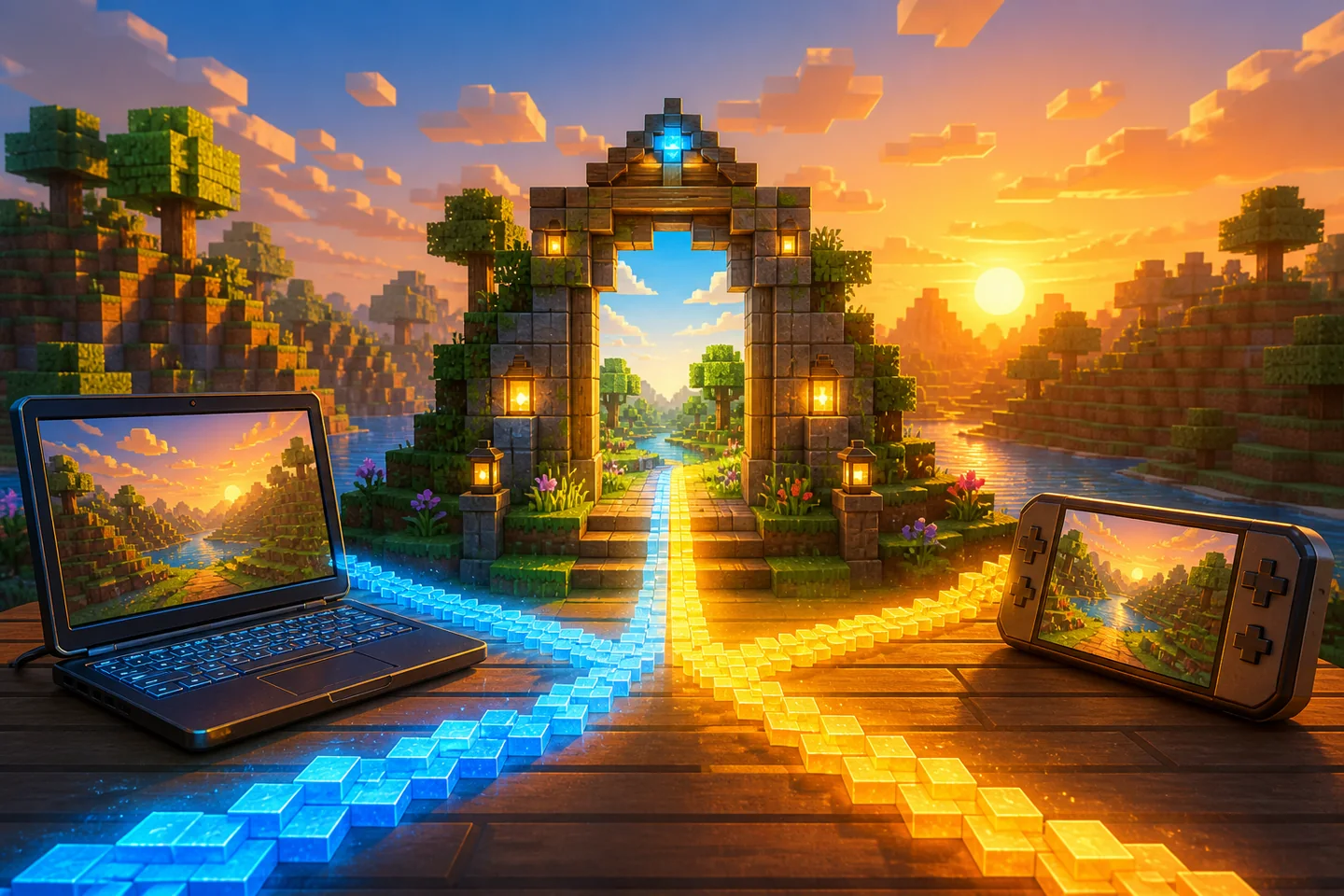 ノートPCと携帯端末から同じサーバーへつながる様子を表したブロック調のイメージ