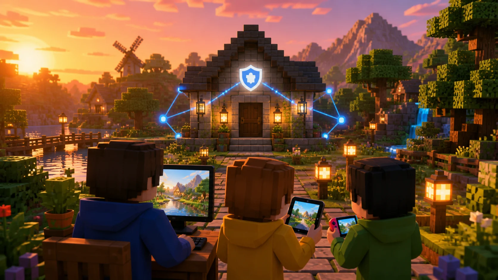 PC・タブレット・携帯ゲーム機を持つ3人が、青い接続線と盾の印が灯る同じ小さなサーバーの家を見つめるブロック調の風景