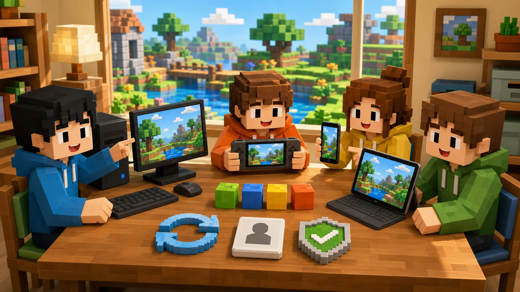 PC、携帯ゲーム機、スマホを囲んだ友達が、同じブロックの景色、更新、アカウント、保護者設定を確認するイメージ