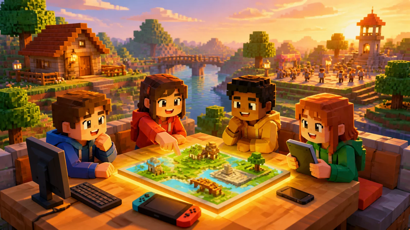 ブロック調の夕暮れの広場で、PC、携帯ゲーム機、スマホをそばに置き、地図を囲んで遊び方を相談する4人の友達