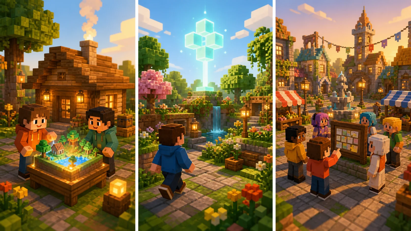 左から、自分のワールドで少人数が遊ぶ場面、いつでも入れる共有ワールド、プレイヤーが集まる公開サーバーの広場を並べたブロック調のイメージ