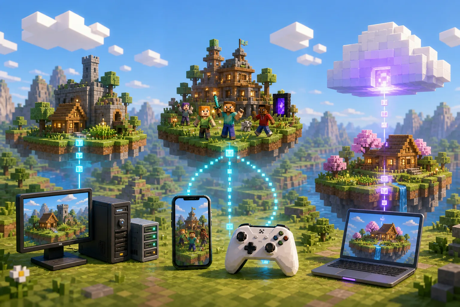 Java版・統合版・Realmsの違いを、PC・モバイルやゲーム機・クラウドの3つの世界で表したブロック調の比較イメージ